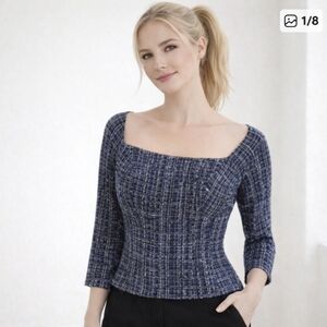 Zara Navy and White Tweed Square Neckline 3/4 Sleeve Top XS